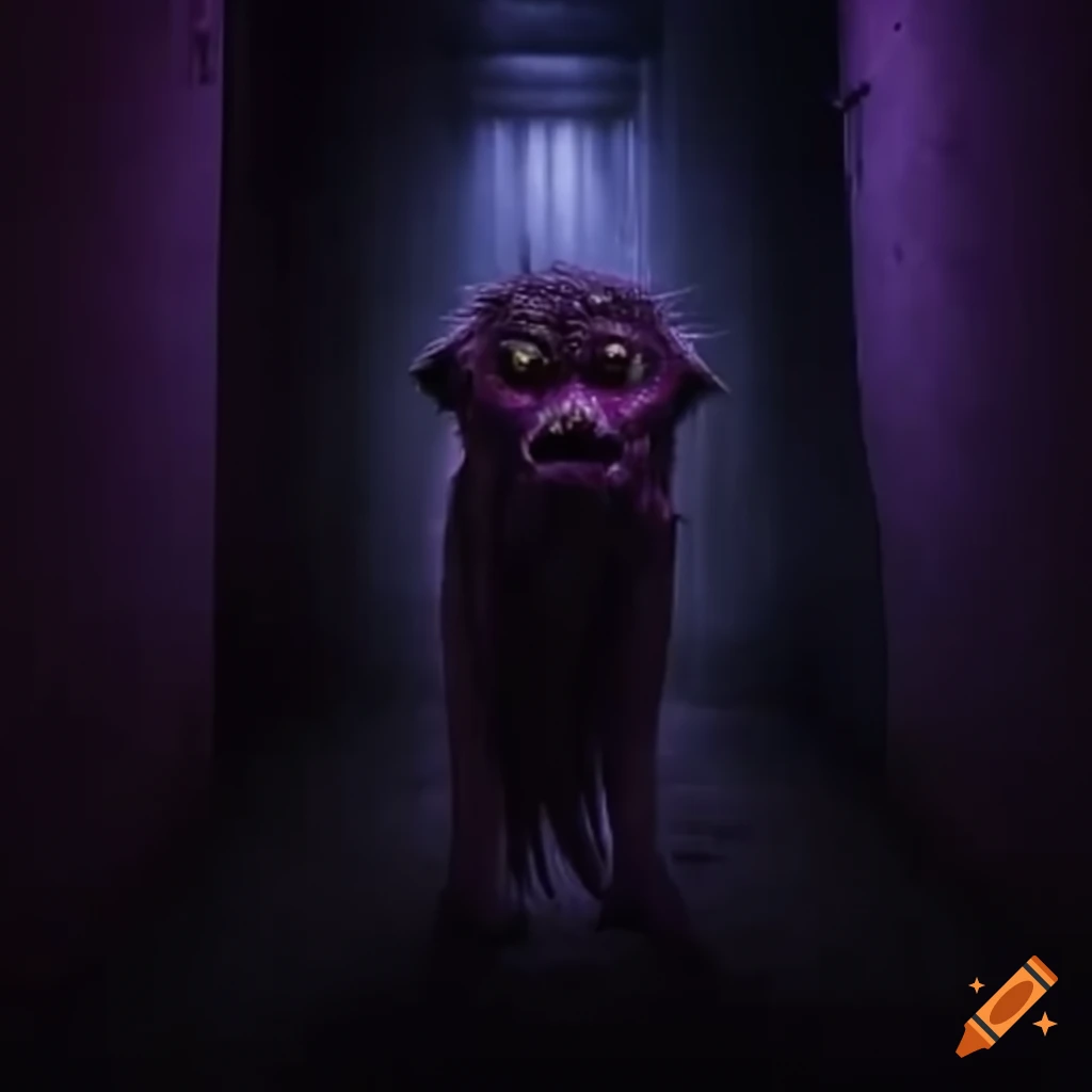 Unique purple cryptid grinning in a dark alleyway