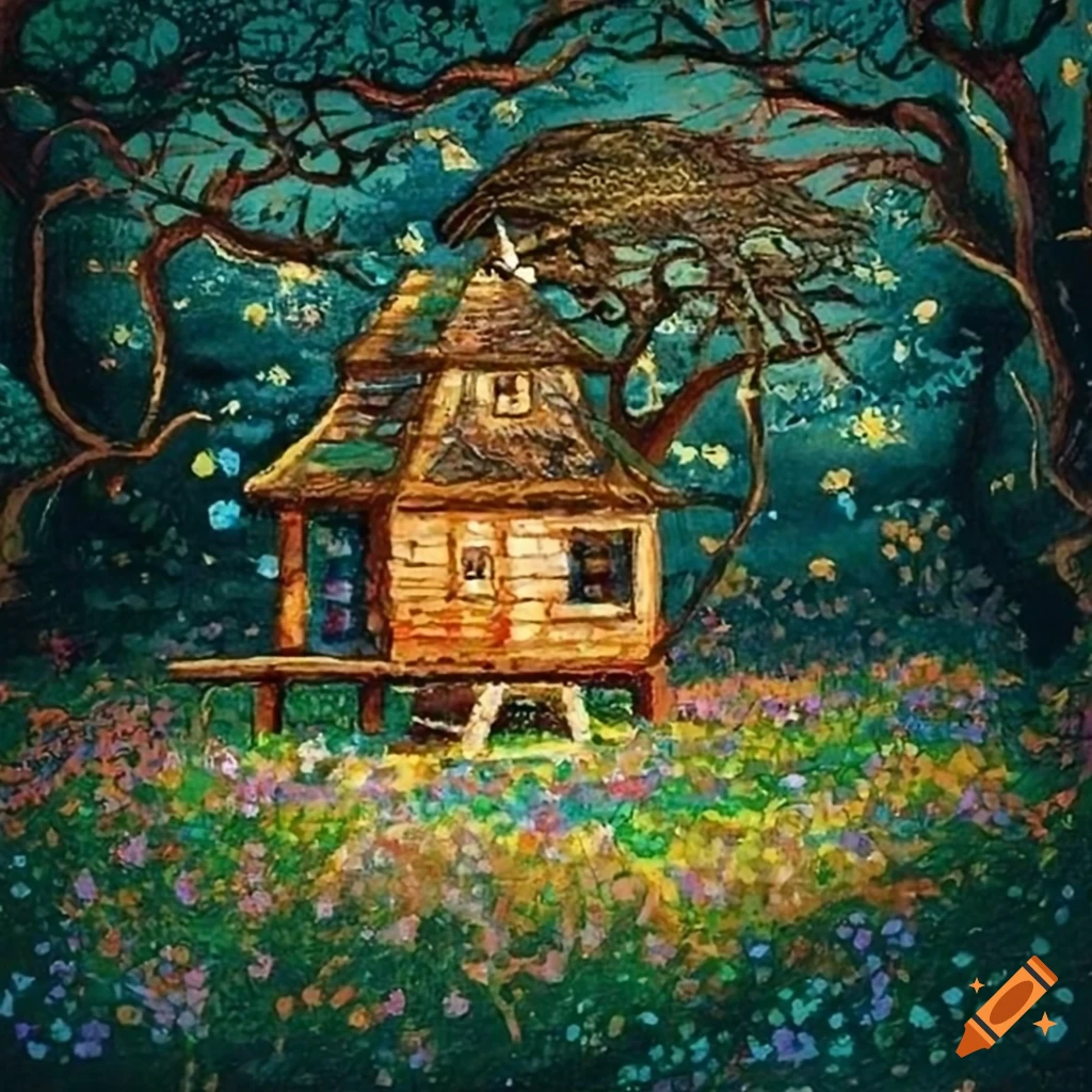 Pointillism painting of a treehouse in a flowery field surrounded by forest