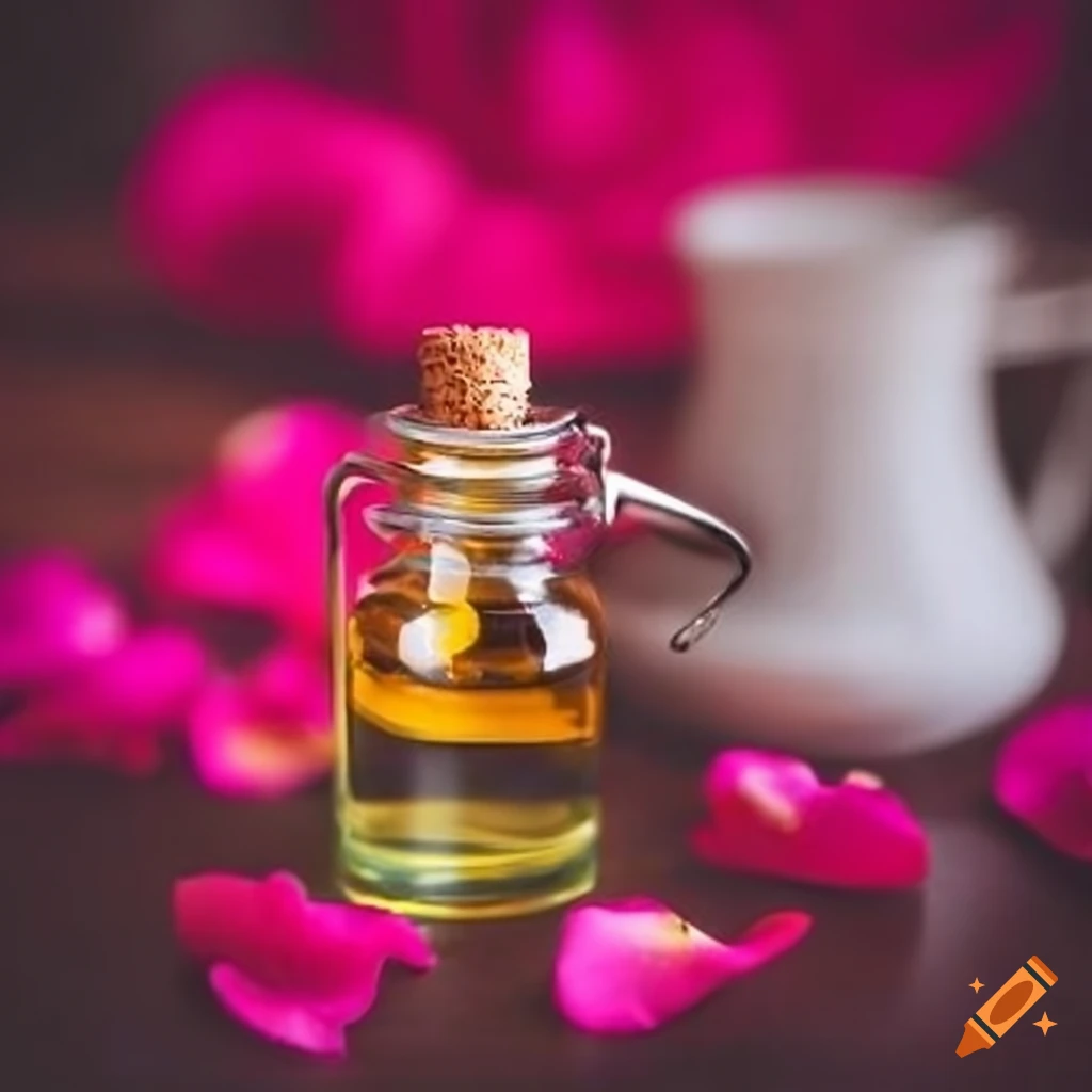 Small essential oil jar with rose petals