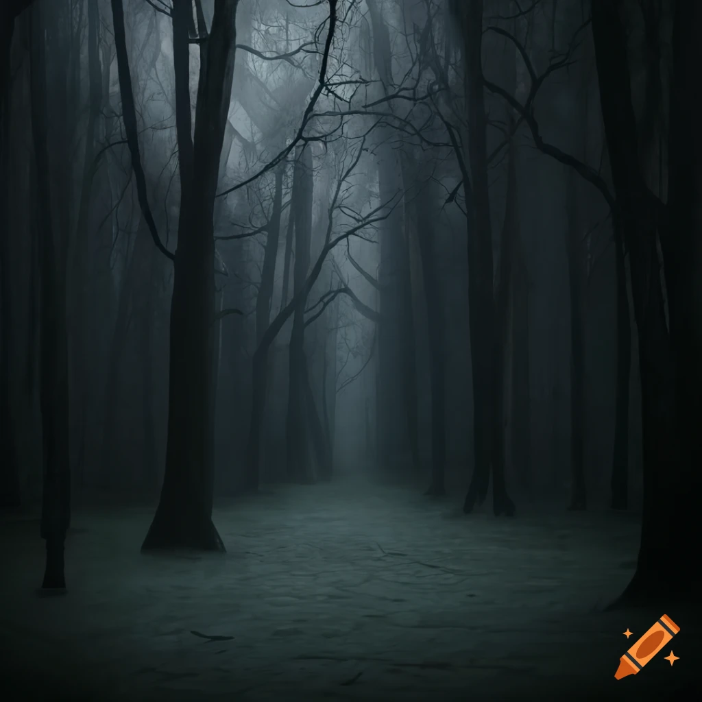 Dark forest with a haunted village and dramatic lighting
