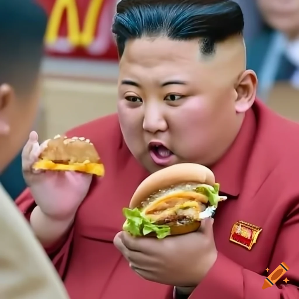 Kim jong un eating a hamburger in a fast food restaurant on Craiyon