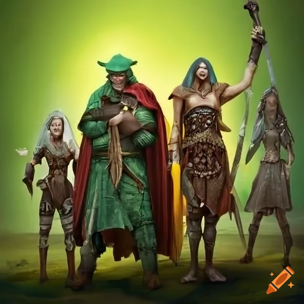 Group of heroic fantasy adventurers standing in front of a green screen background