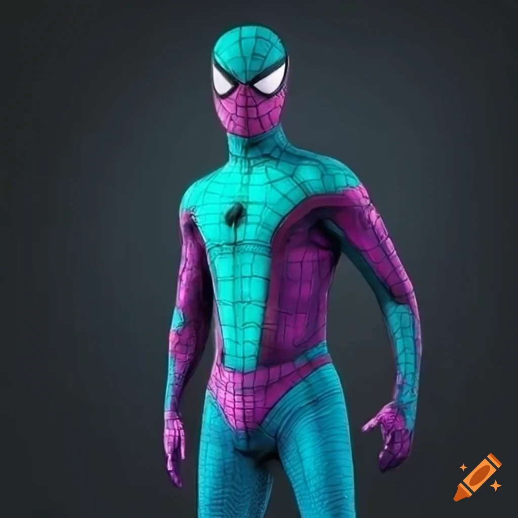 Spider man in hyperrealistic purple turquoise suit on Craiyon