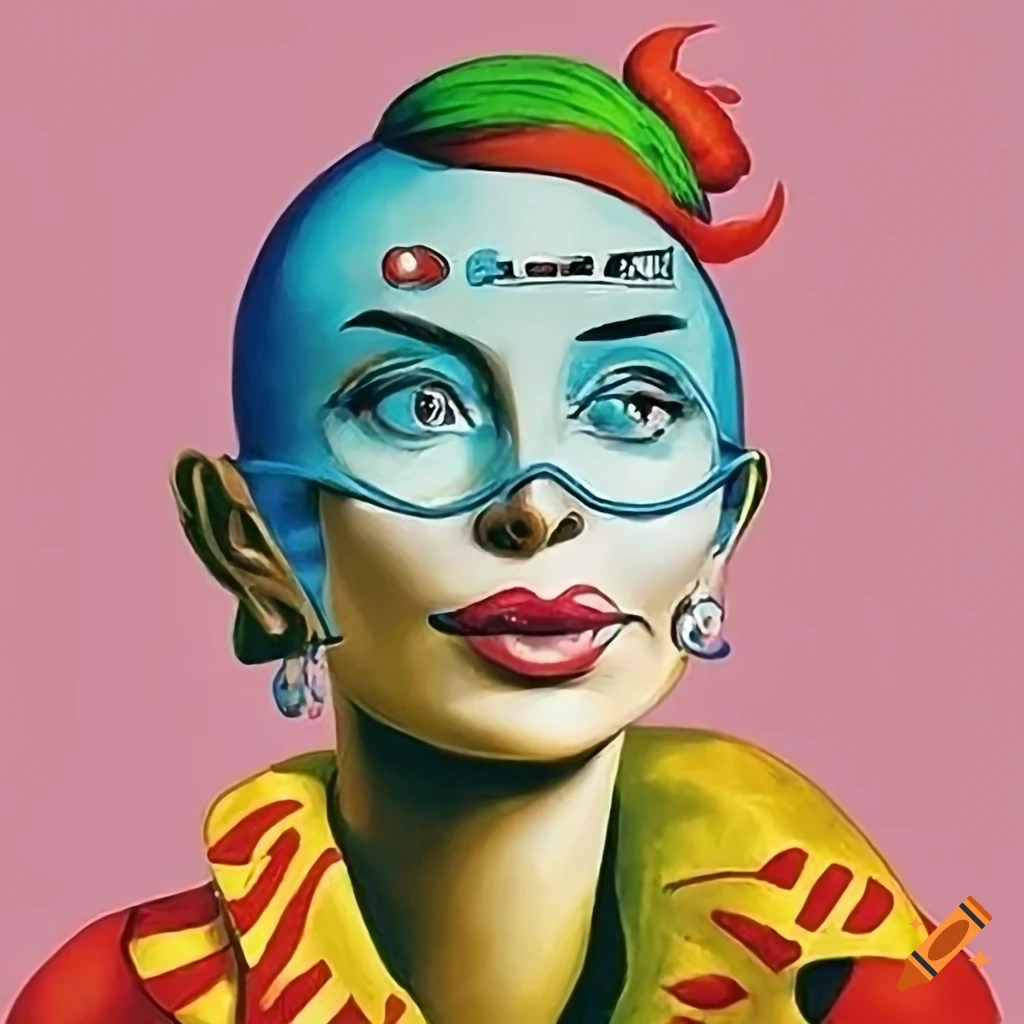 Humorous book illustration of a woman with a medical device, in a whimsical style