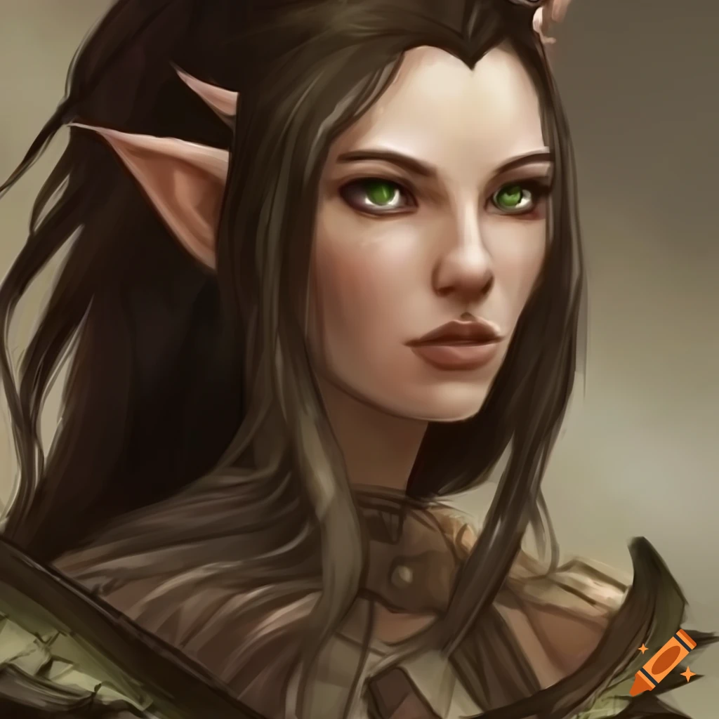 Wood elf ranger with fierce demeanor, dark brown hair, and tan skin on