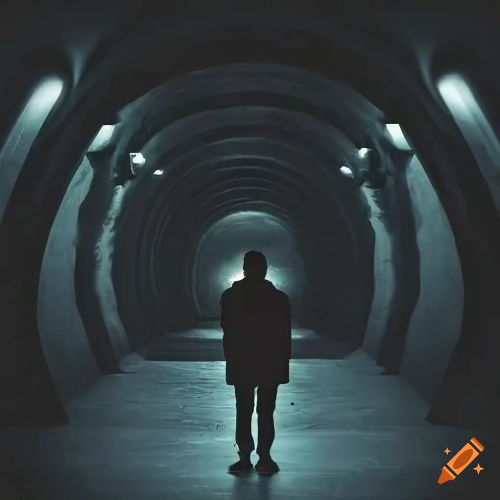 Silhouette of man in front of dark tunnel in basement