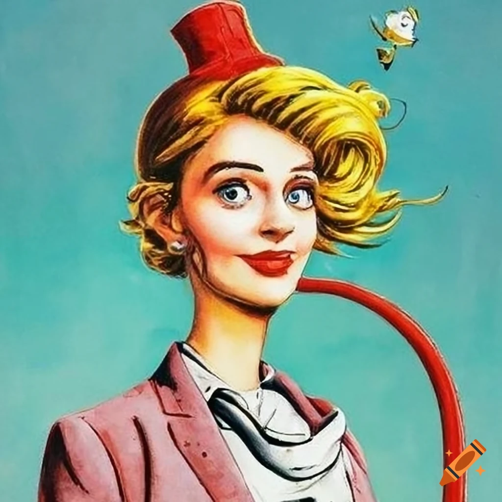 Colorful humorous book illustration of a young woman with a cable connected to her higher self in heaven