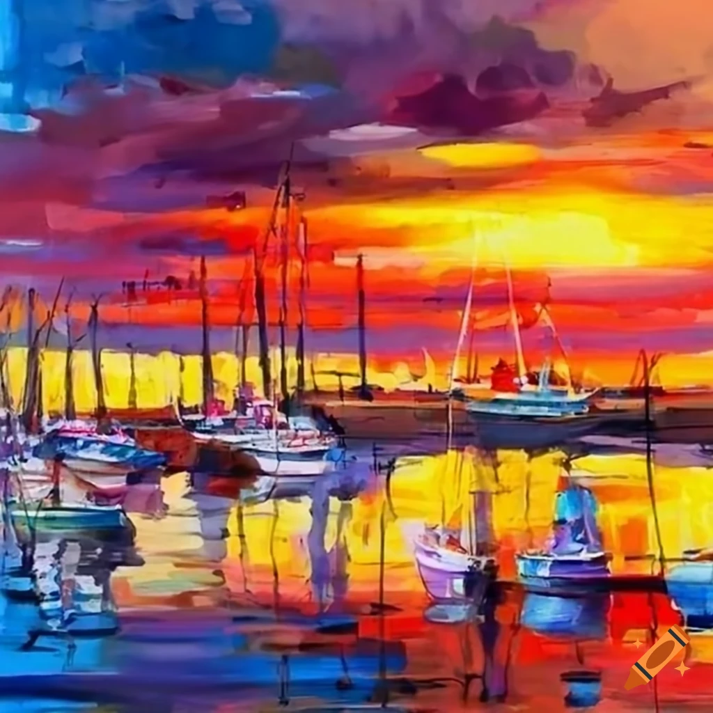 Sunset in a busy harbor depicted in watercolor