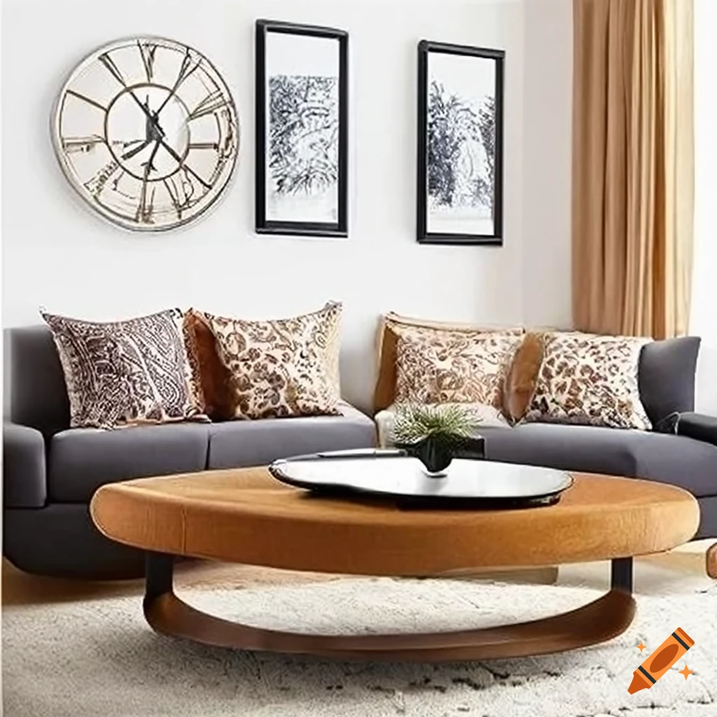 Boho ethnic modern living room with accent ellipse coffee table and fabric corner sofa