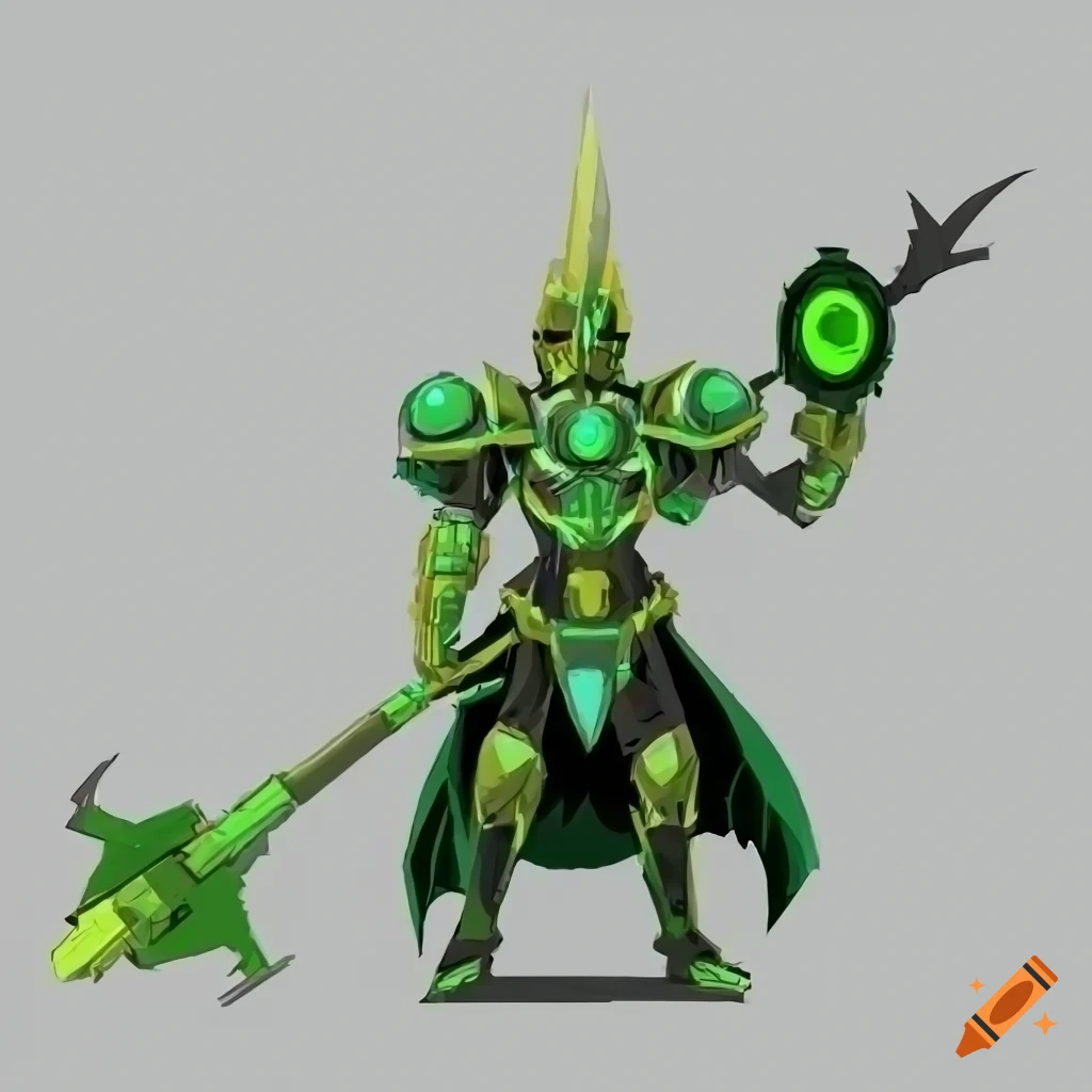 Anime-style green knight with futuristic weapons on a white background ...