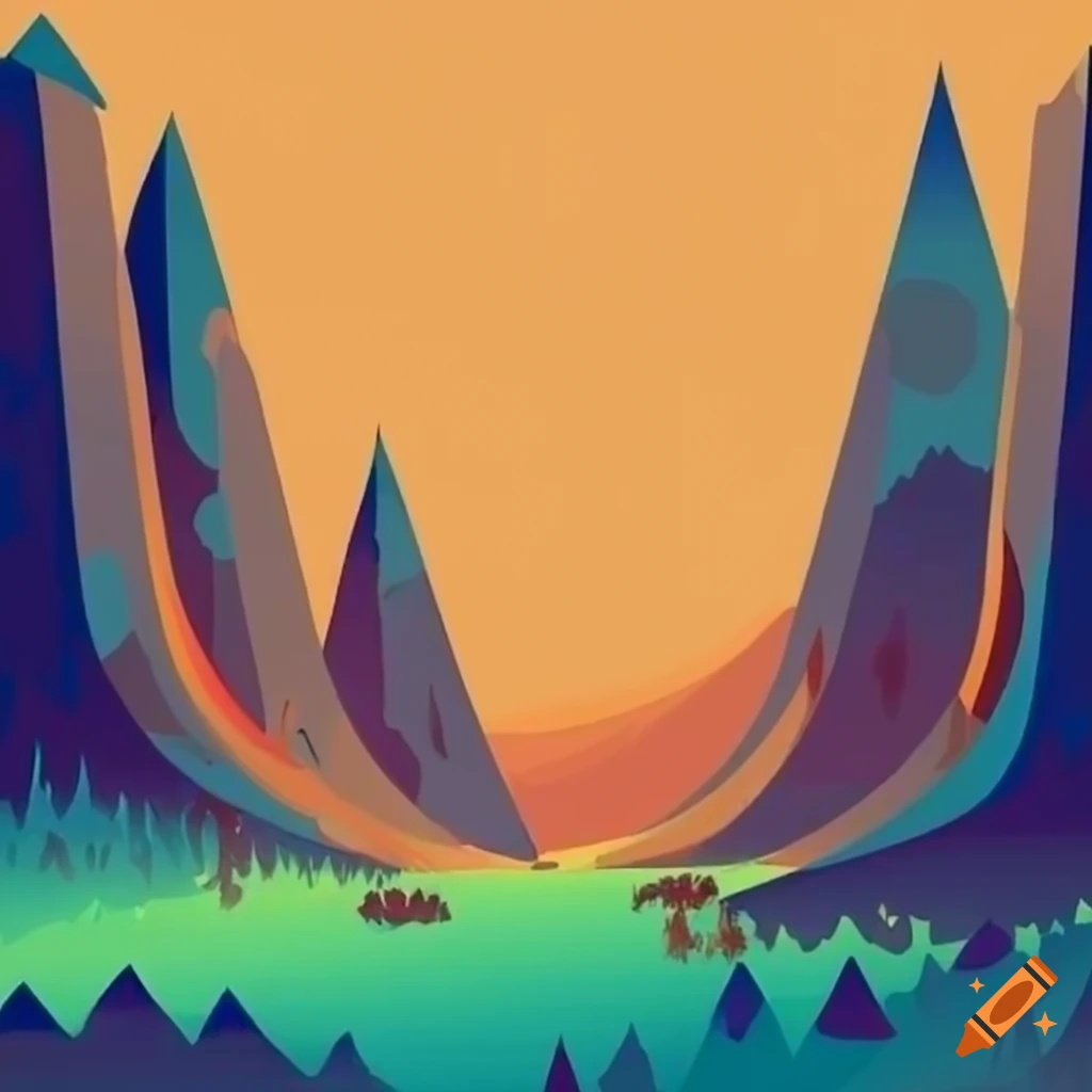 Vibrant cartoon mountains in rusty orange and forest green colors