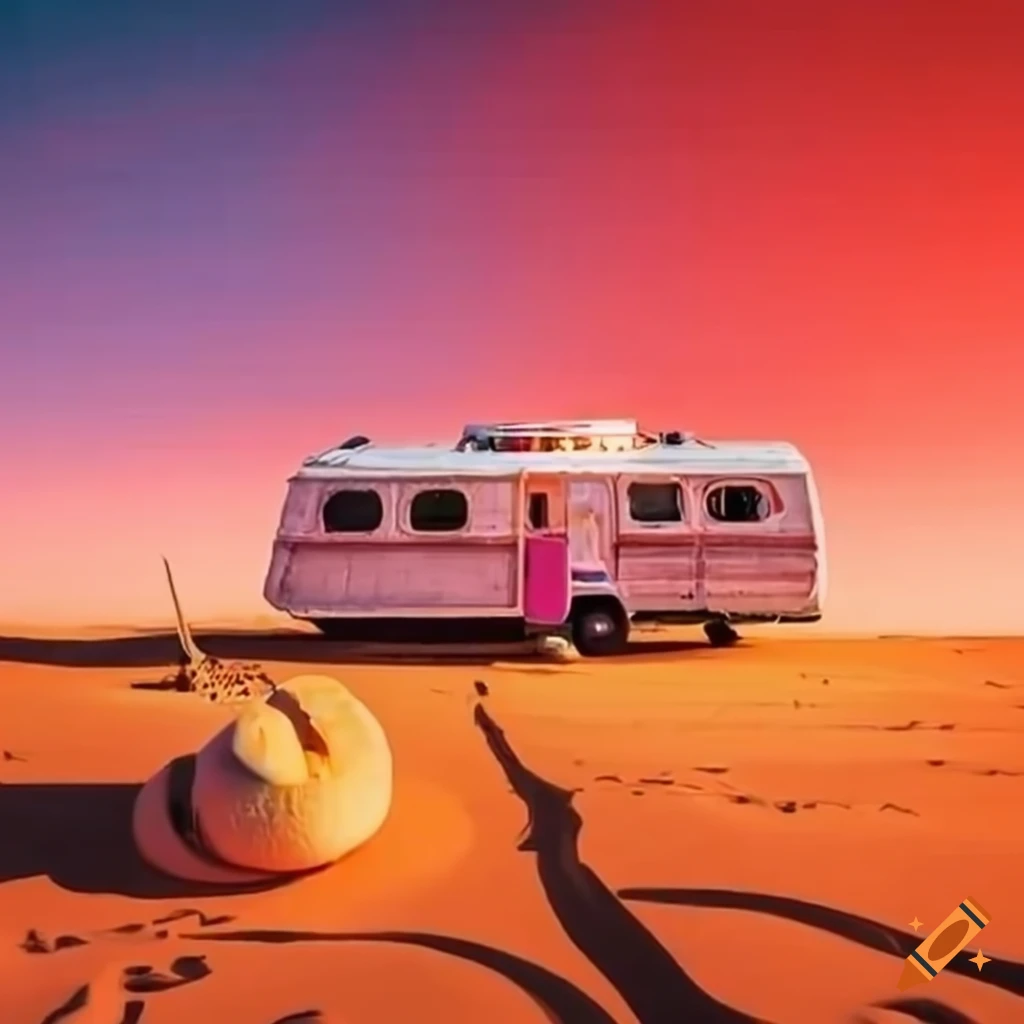 90's themed desert party with rustic caravan in the distance during the day