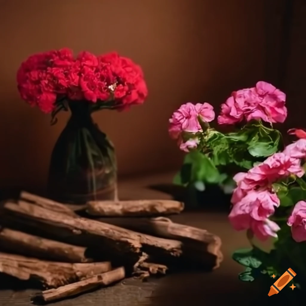 Geranium flowers with sandalwood logs