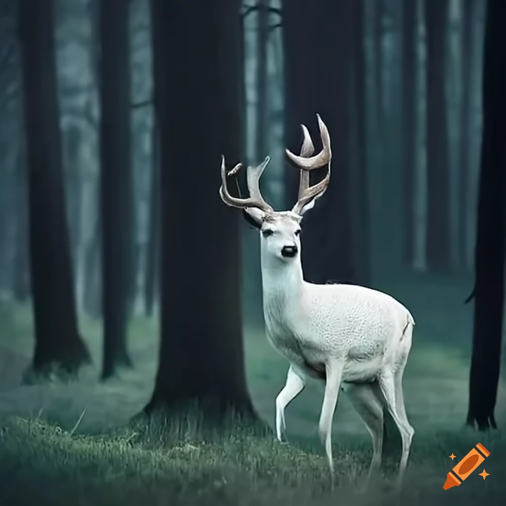 Elegant white deer walking in a coniferous forest
