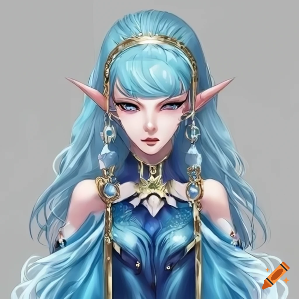 Elegant anime high elf woman with gold jewelry and light blue hair