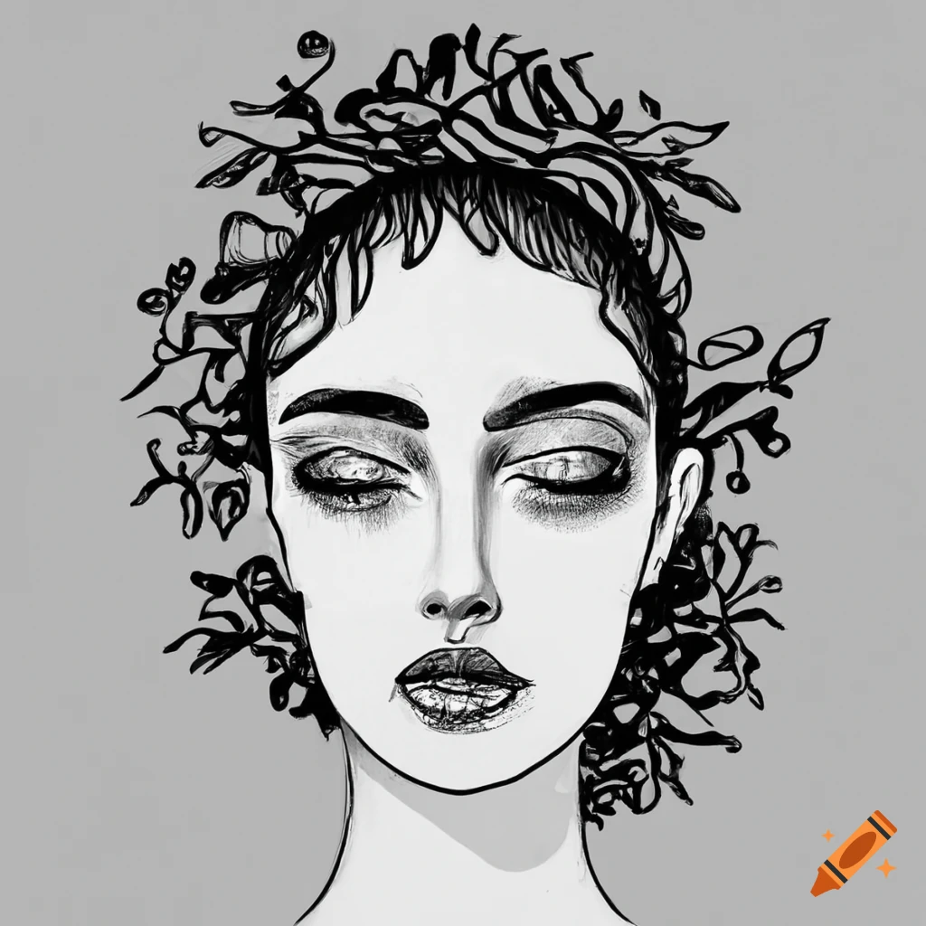 Whimsical black and white line drawing of a face in minimalist klimt