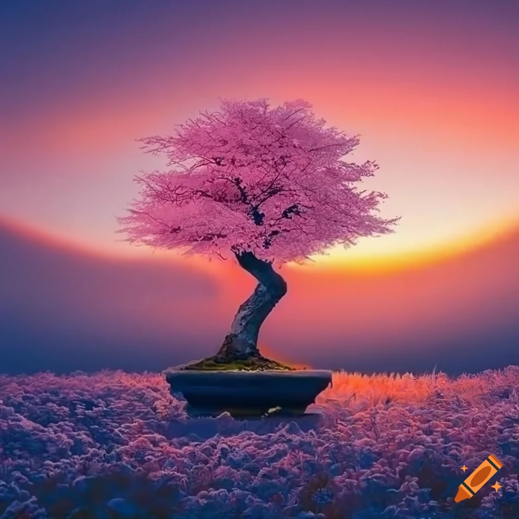Sakura tree in high definition with a beautiful sunset background and a bonsai