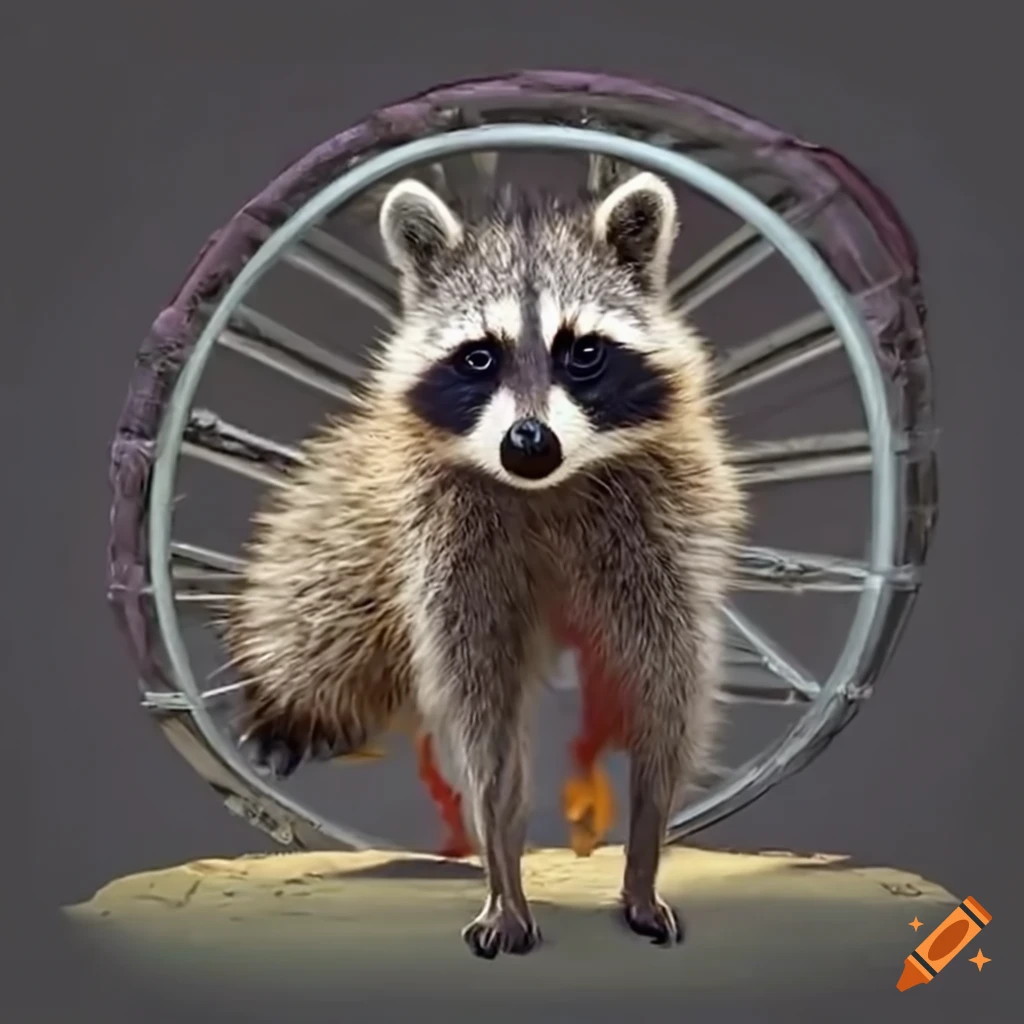 Raccoon running with a chicken in a hamster wheel