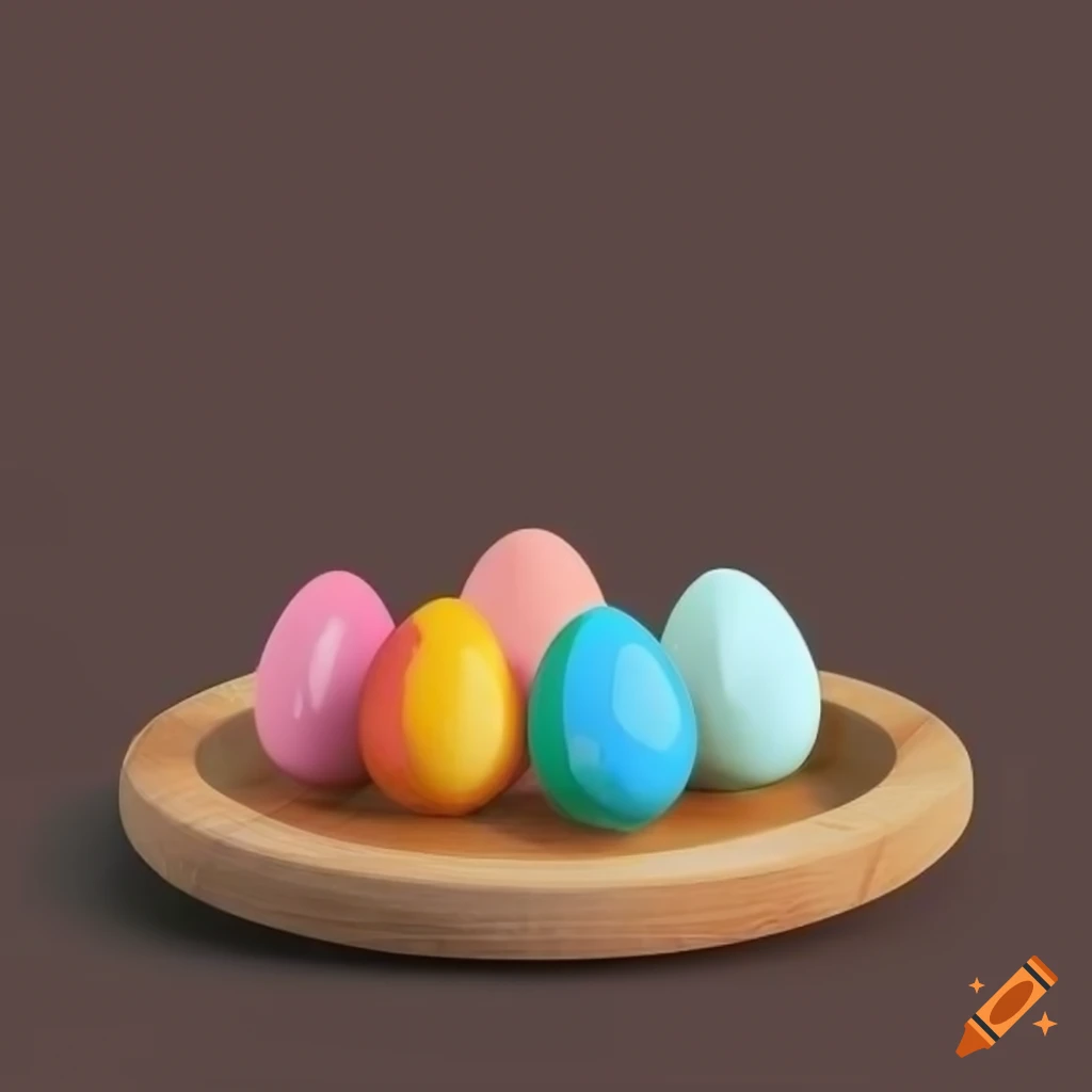 Colorful eggs on wooden plate in a 3D game icon style