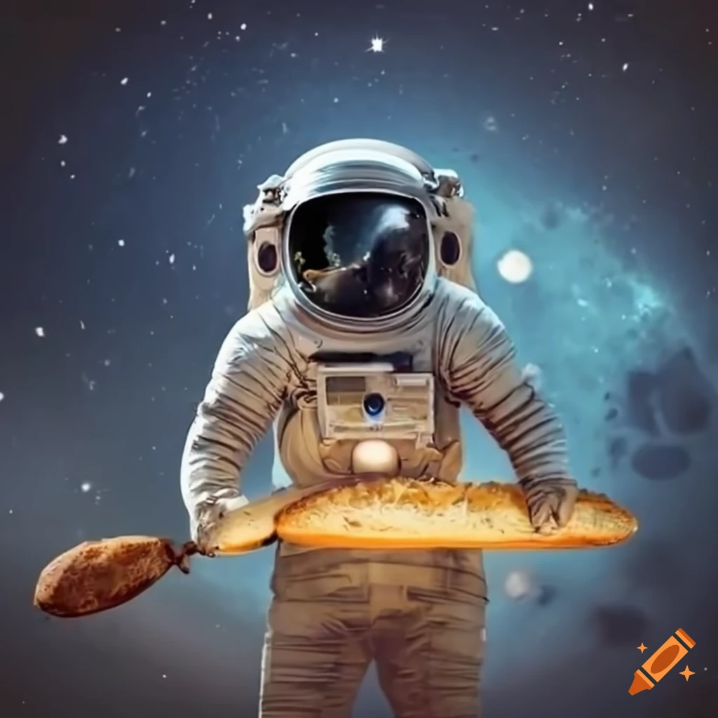 French astronaut on the moon holding a baguette with his rocket in the background