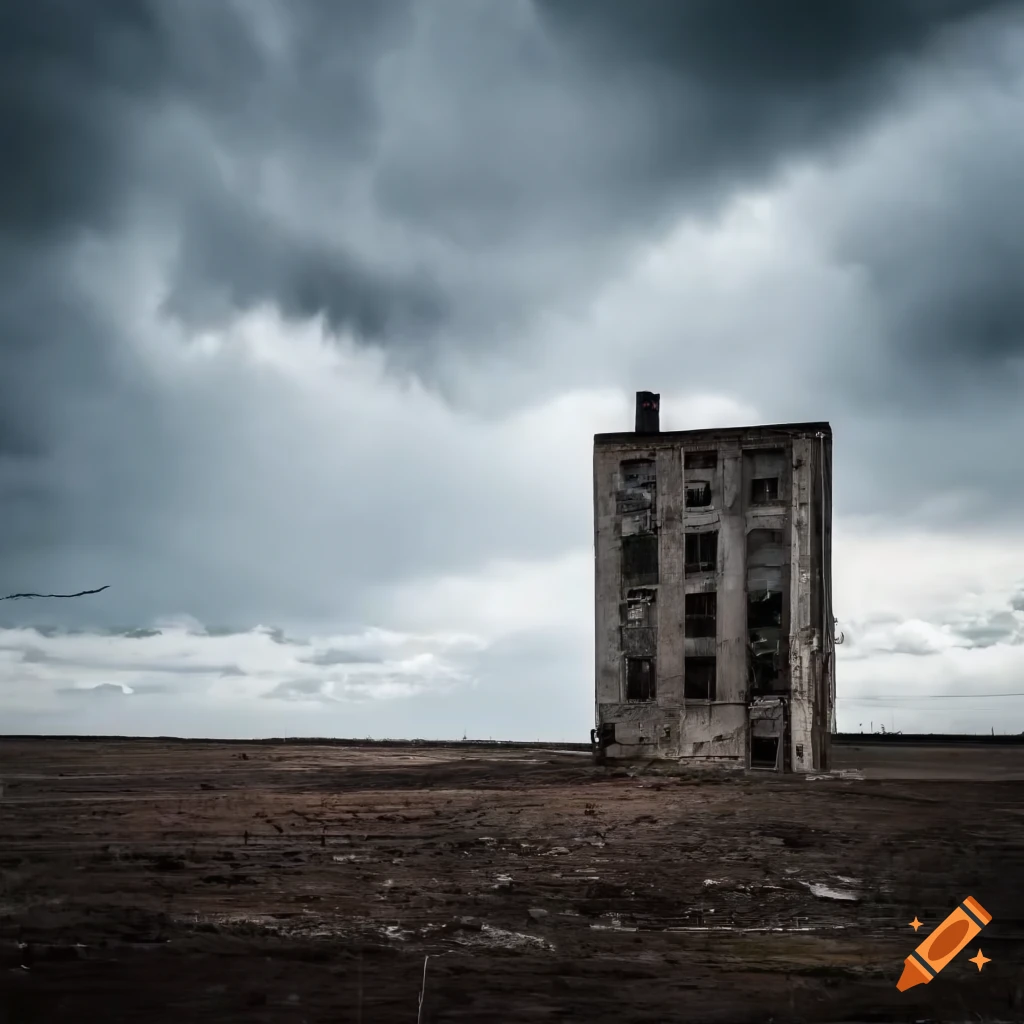 Abandoned factory in barren Northern landscape under ominous storm ...