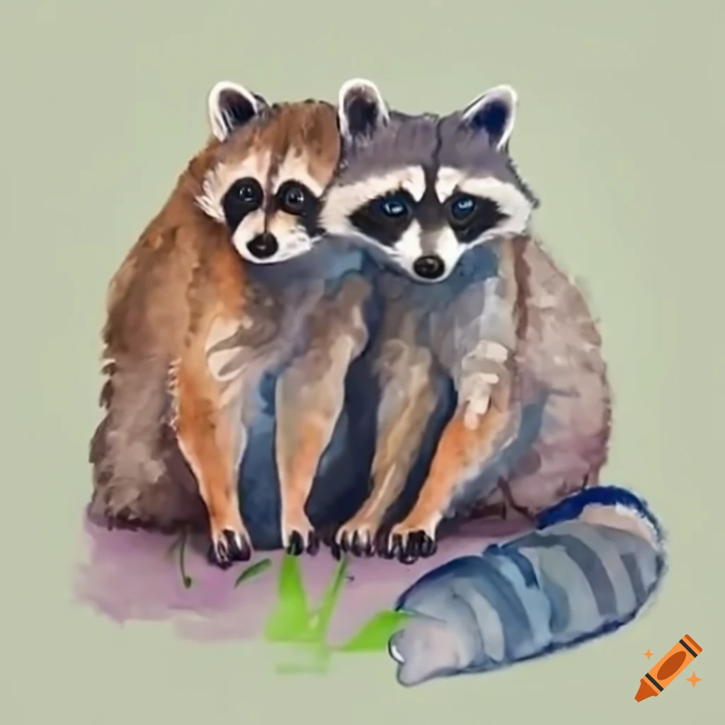 Two raccoons cuddling together