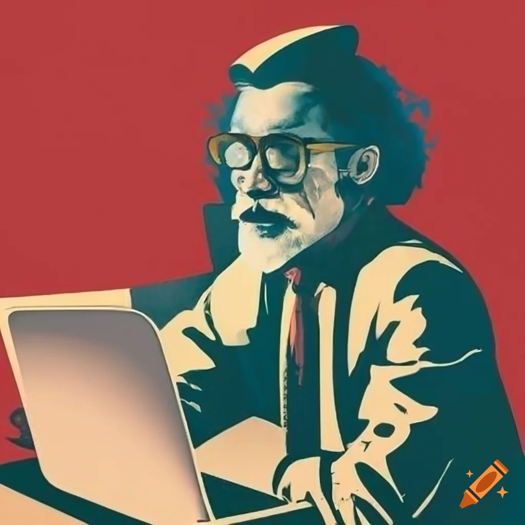 Modern hipster office worker with laptop in german propaganda style