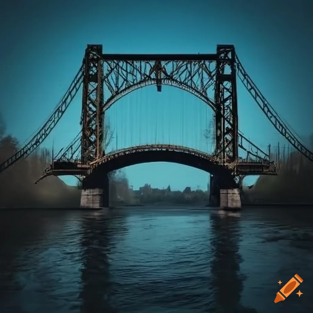 Front view of a steel bridge over a majestic river on Craiyon