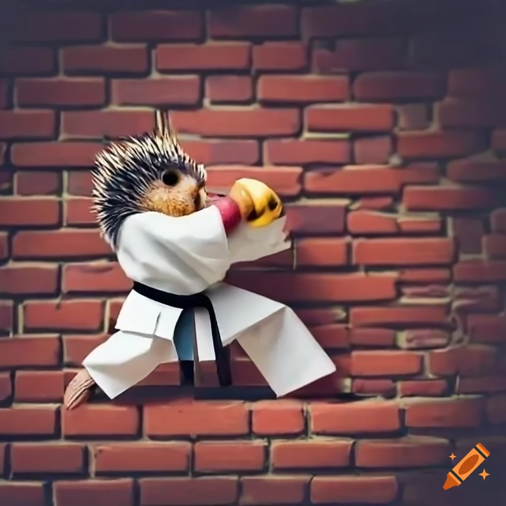 Karate hedgehog punching a brick wall on Craiyon