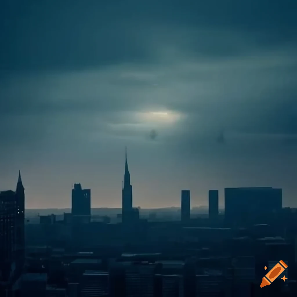 Desolate city seen from a tall building with broken buildings, moderate ...
