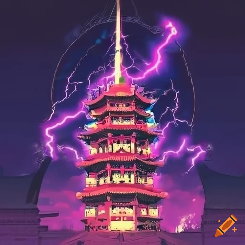 80s anime breakcore traditional chinese style tower surrounded by ...