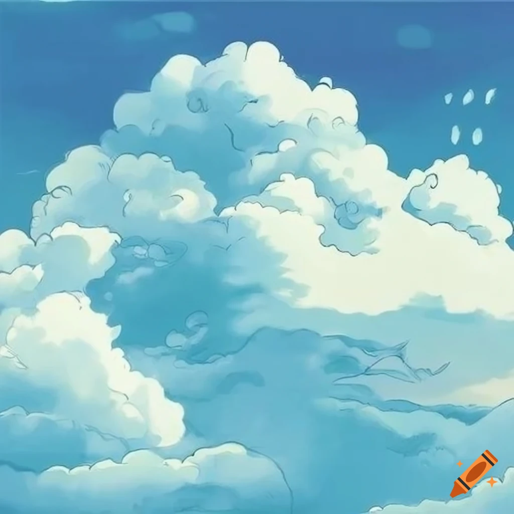 Studio ghibli style drawing of clouds in a clear sky on Craiyon