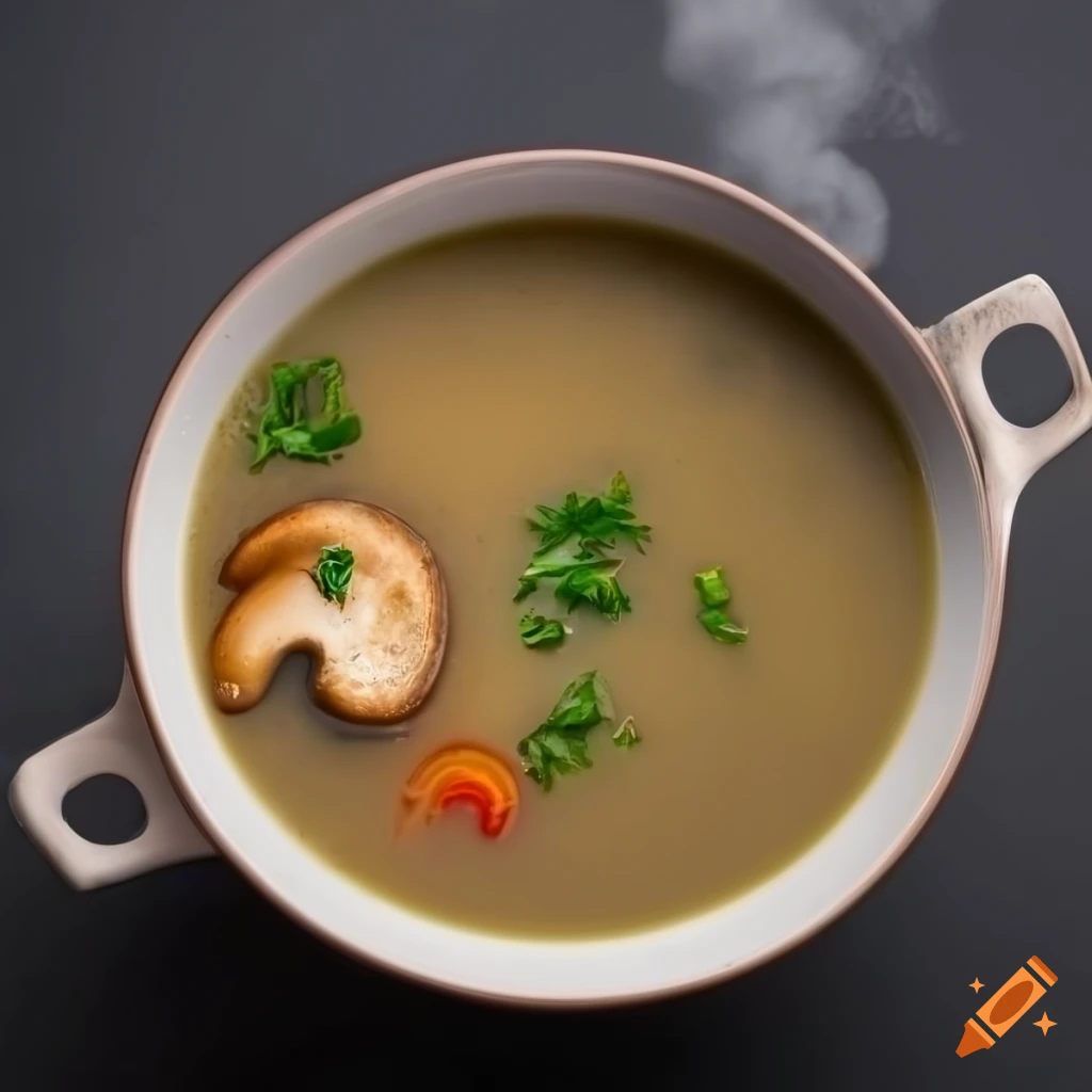 Mushroom soup dish with steam on dark background, top view