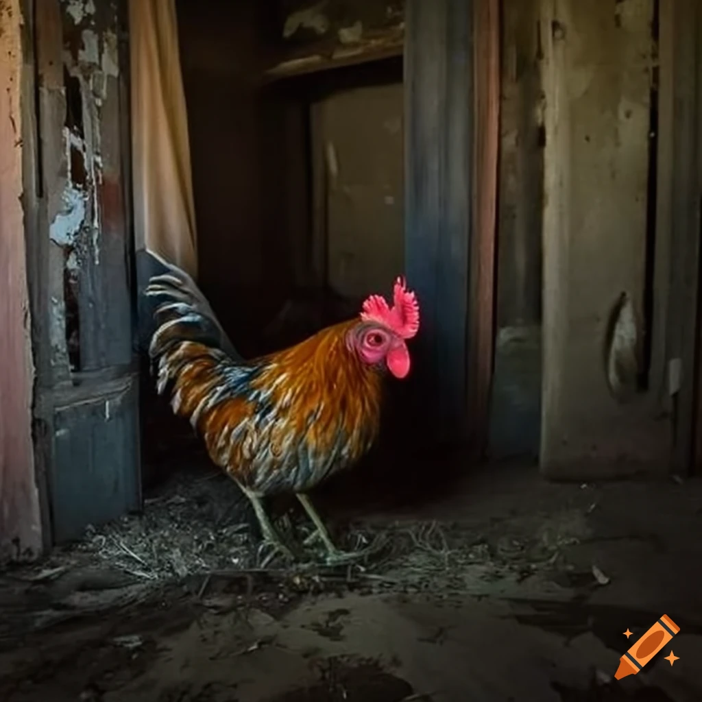 Creepy chicken in an abandoned coop with glowing eyes on Craiyon