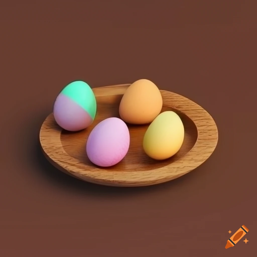Colorful eggs on a wooden plate in a game icon style