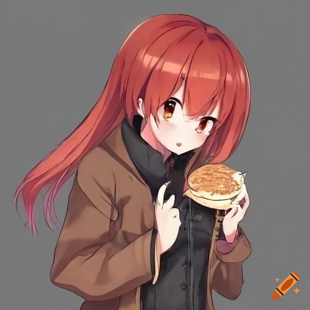 Cute anime girl with red hair enjoying pancakes on Craiyon