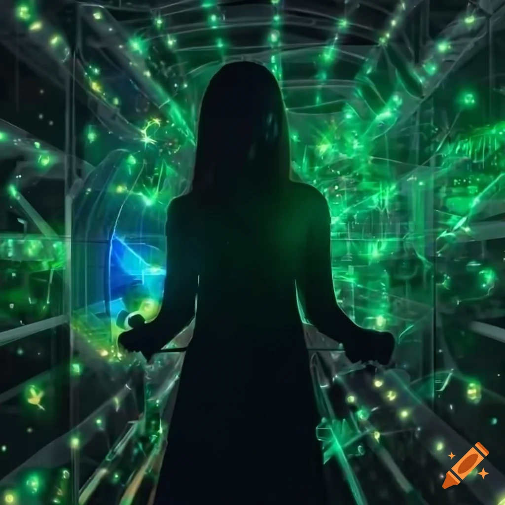 Silhouette of a young scientist woman in a futuristic greenhouse with glowing capsules and flowers