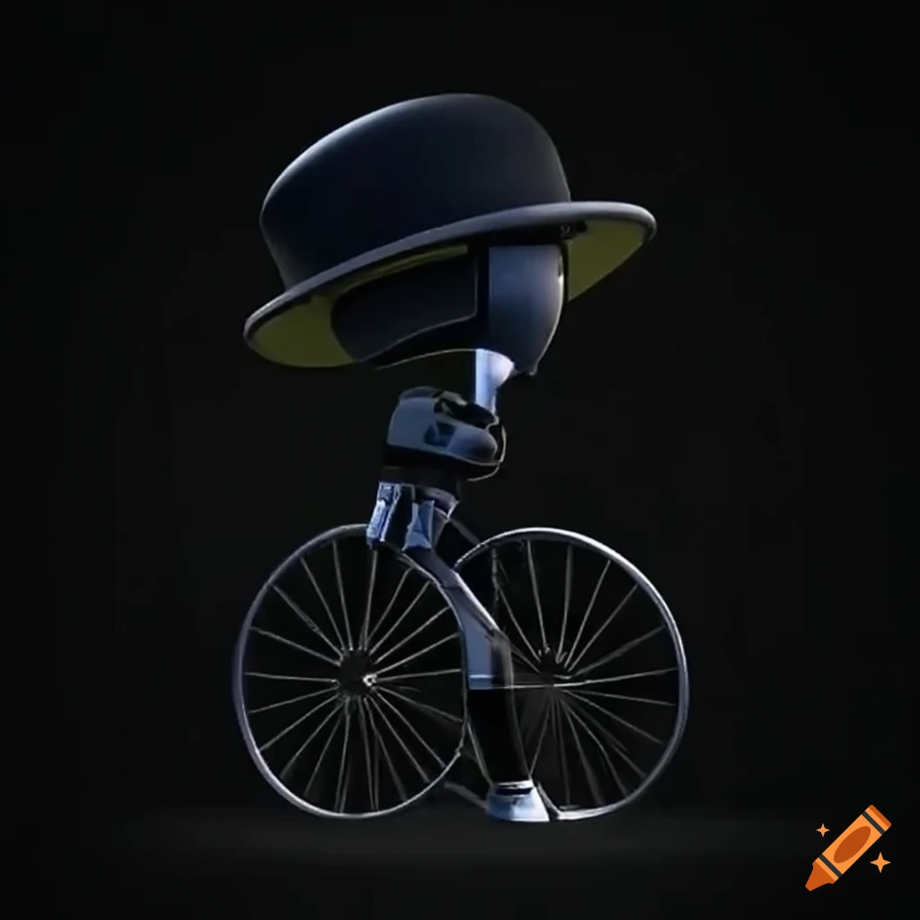 Robots in black bowler hats riding a Penny-farthing
