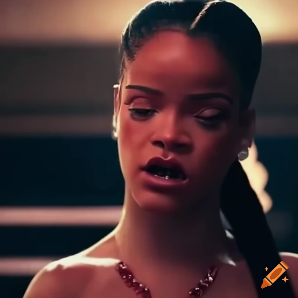 Rihanna in a movie fight scene with closed eyes and spinning head on