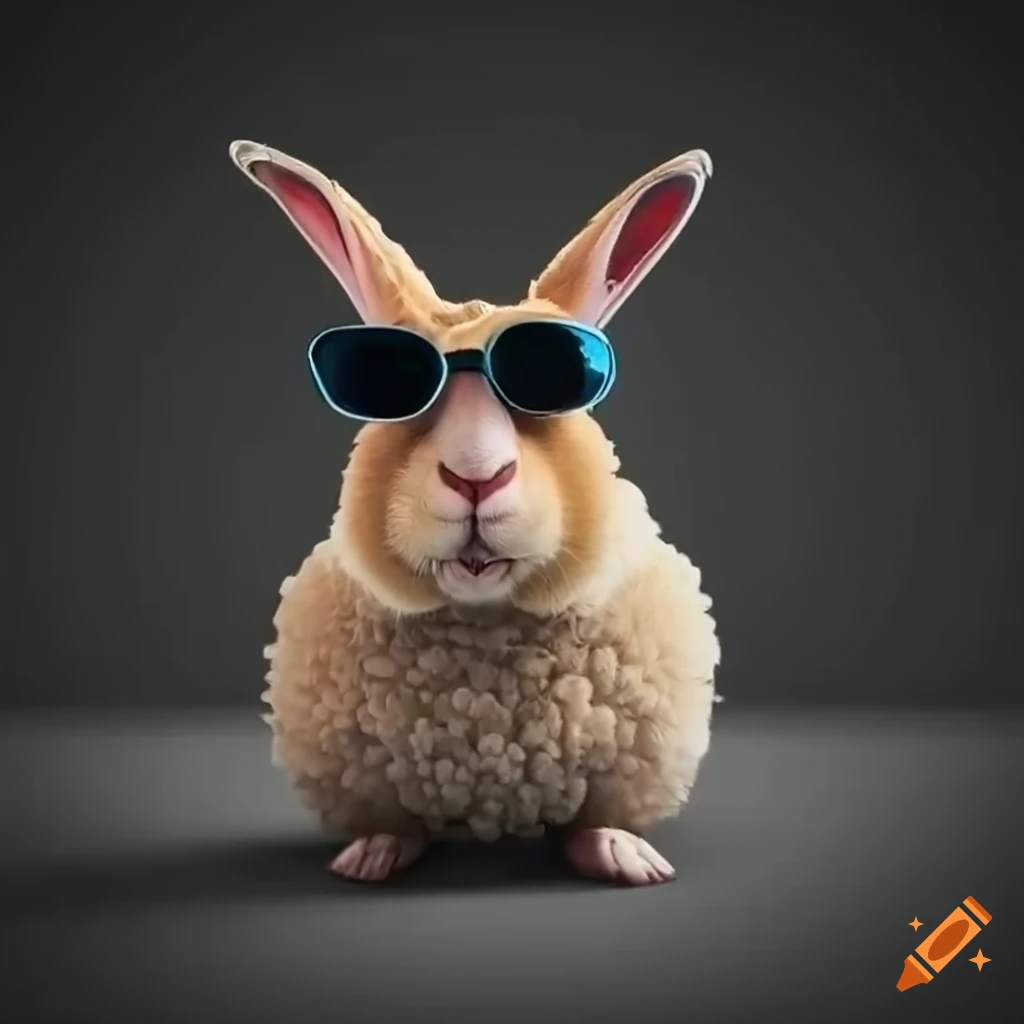 Bunny with dark glasses riding a bicycle with a sheep in the trailer