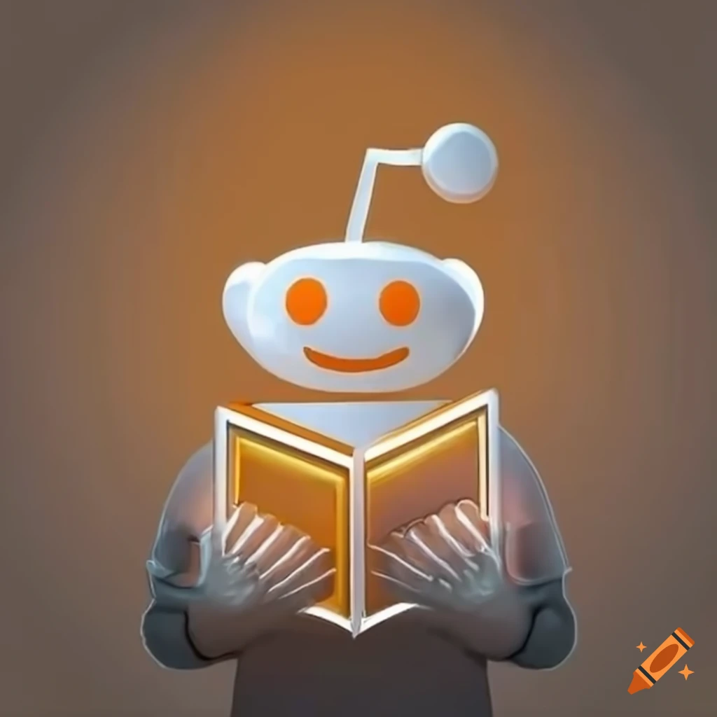 Orange reddit logo bot holding a golden glowing book on Craiyon