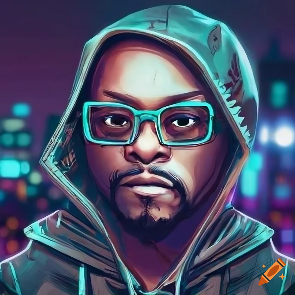 Portrait of futuristic hacker will.i.am with city background