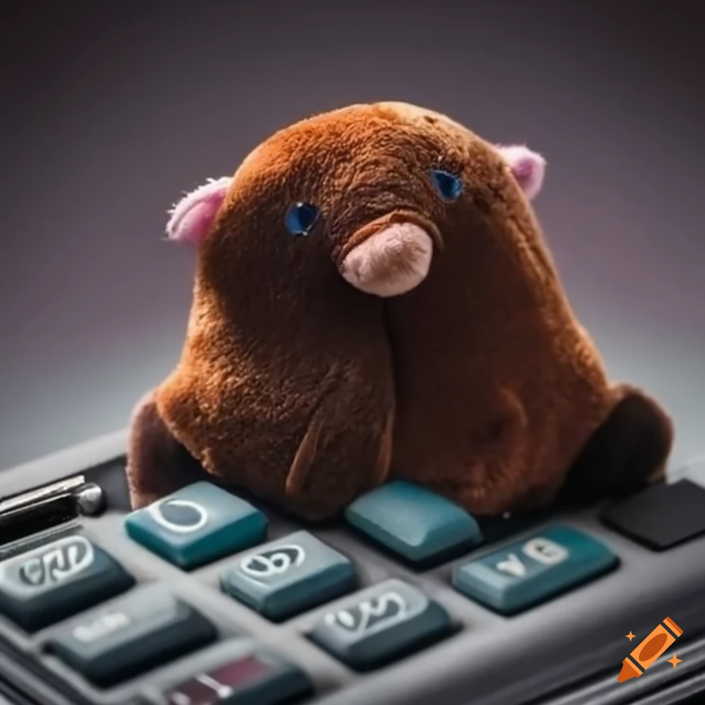 Close plush mole resting on an old calculator