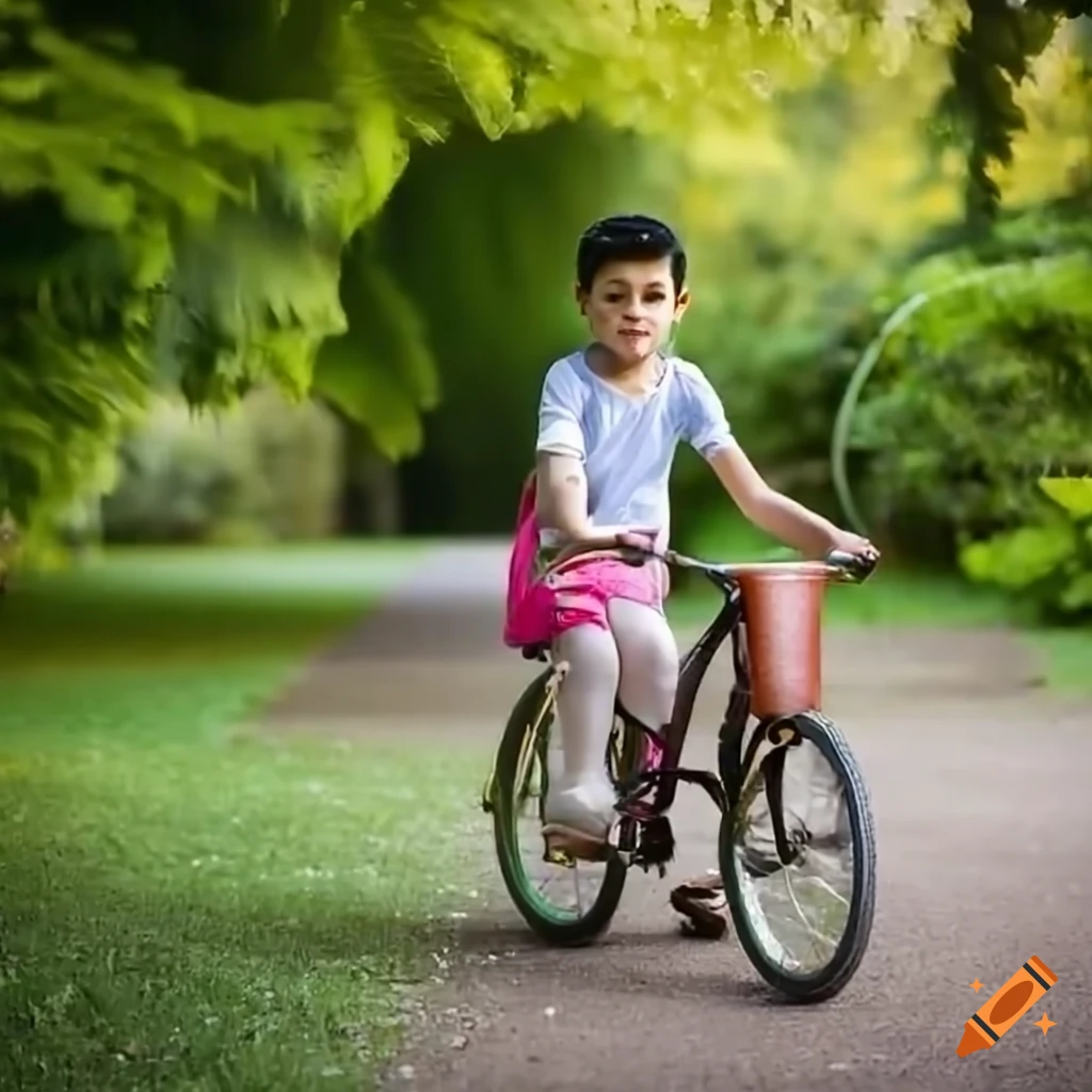 Middle Eastern boy and girl riding a bike in a garden near a small lake
