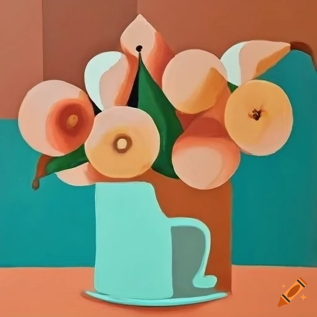 Midcentury modern painting of peach table centerpiece with pears and