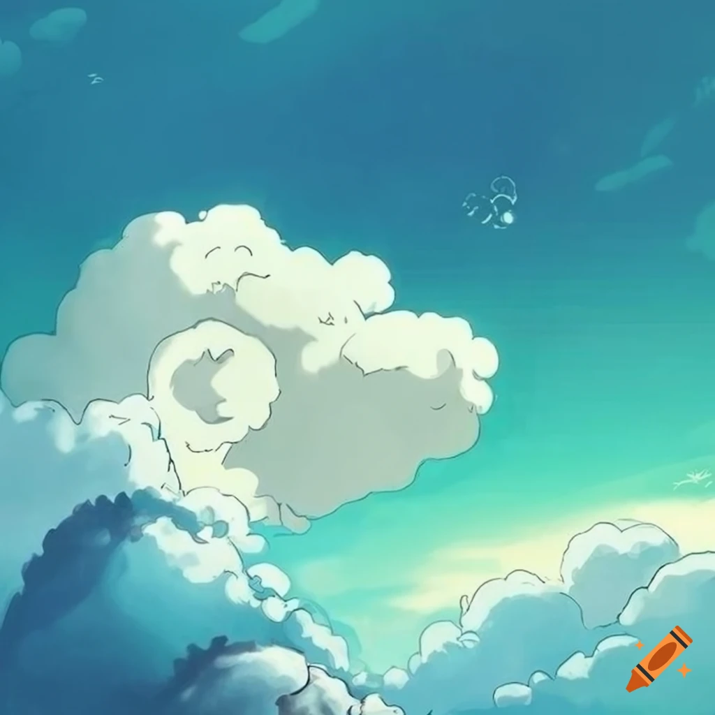 Studio ghibli style drawing of clouds in a clear sky on Craiyon