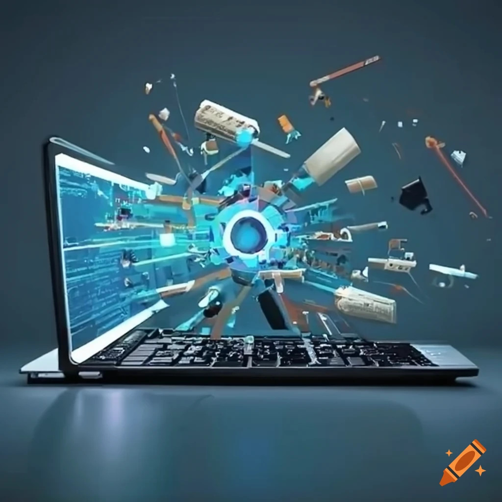 Web development universe emerging from a laptop
