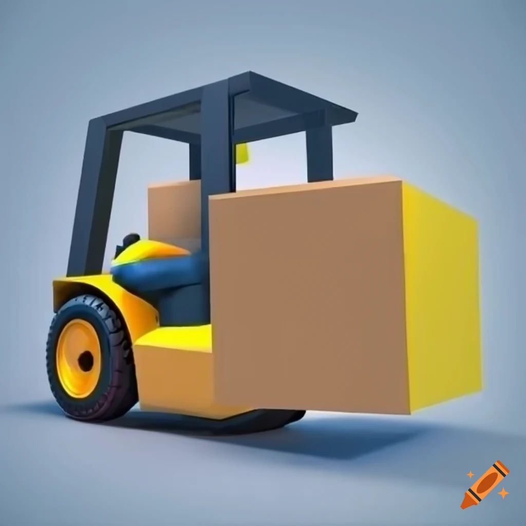 Yellow forklift carrying a large cardboard box in 3d cartoon style on ...