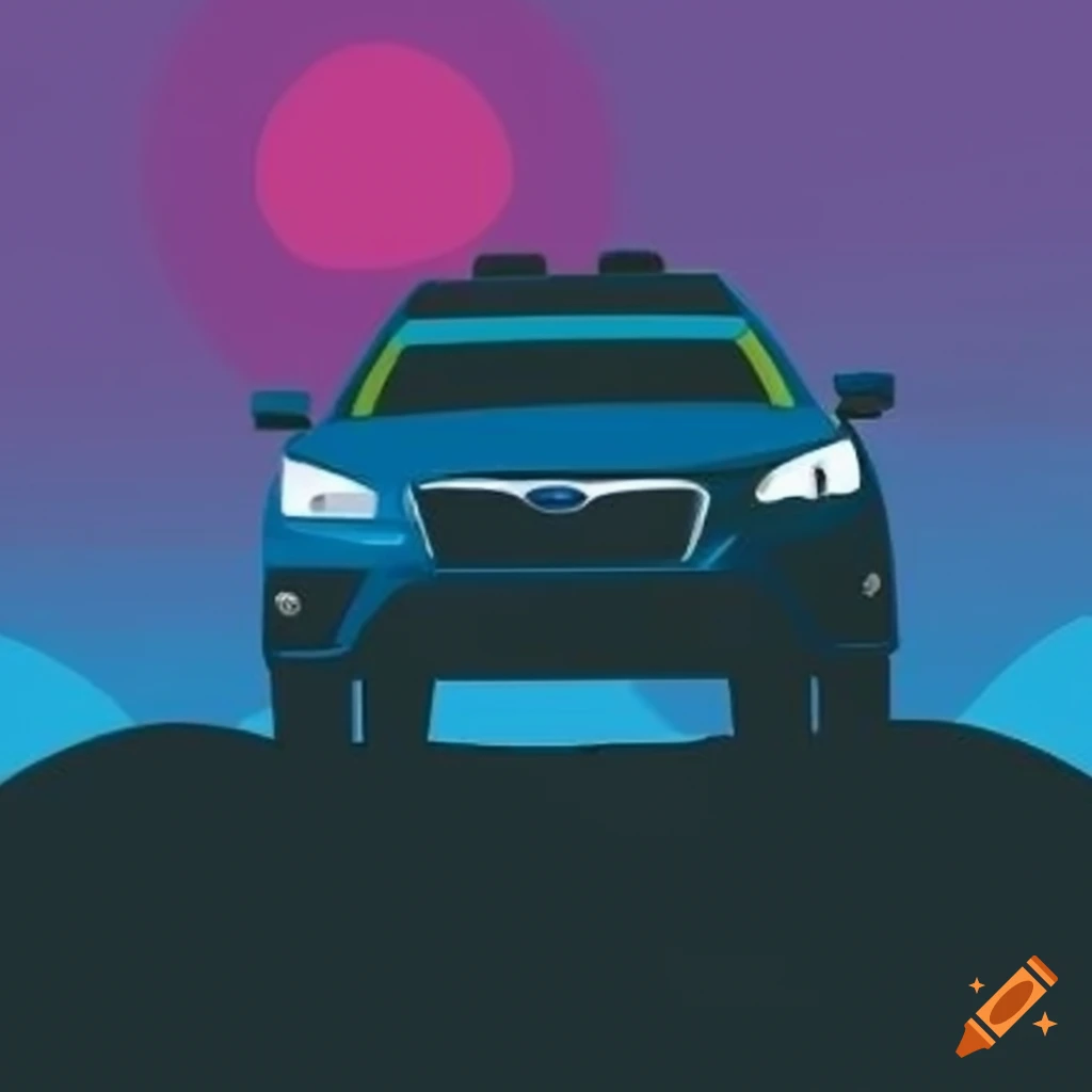Stylized silhouette of a blue Subaru Outback Wilderness driving in the wilderness towards the sun