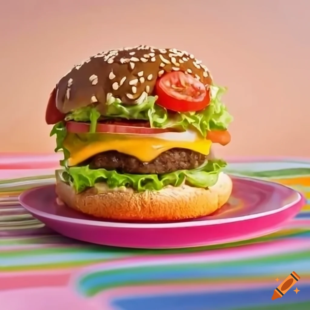 Juicy cheeseburger with lettuce and tomatoes on a colorful plate
